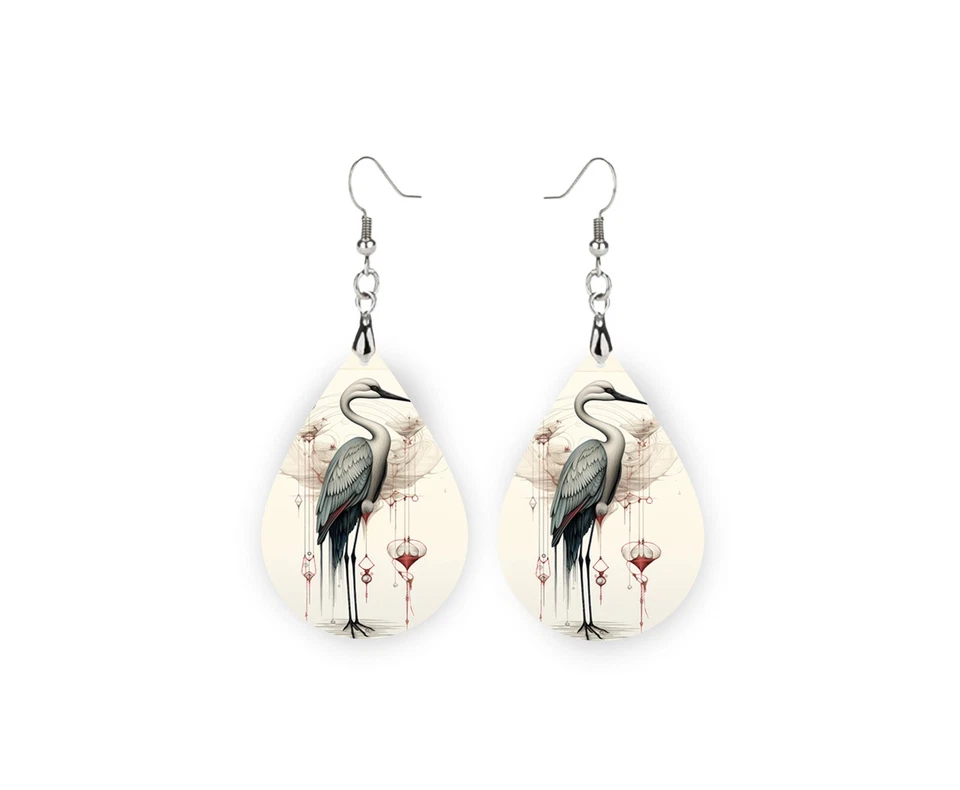 Crane Bird Print Wood Dangle Teardrop Print Earrings Jewelry - Image 1 of 4