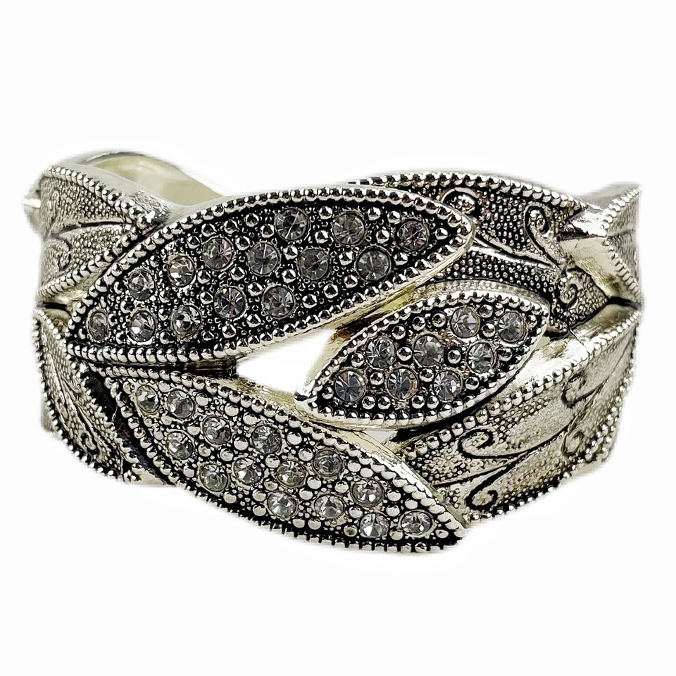 Brazalete Brazalete con Bisagras Hoja Marcasita Grueso Ancho Tono Estaño Metal Declaración Foto 1 de 4