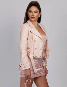 Pink LEATHER Designer GENUINE LEATHER Cropped Casual Jacket Womens (S-XL Sizes) - Picture 1 of 3