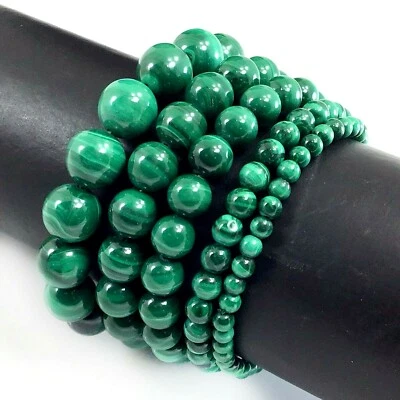 Pulsera elástica de malaquita natural hecha a mano con cuentas redondas 7,5" 4 6 8 10 12 Foto 1 de 4