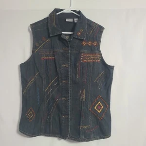 Chico's Women's Dark Denim Vest Embroidered and Beads size 3 Aztec Design - Picture 1 of 13