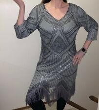 Unique Vintage Silver Flapper Dress Sequin Beaded Fringe Skirt Ladies XL Gray
