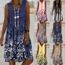 Womens Summer Floral V-Neck Loose Dress Sleeveless Holiday Beach Midi Tank Dress