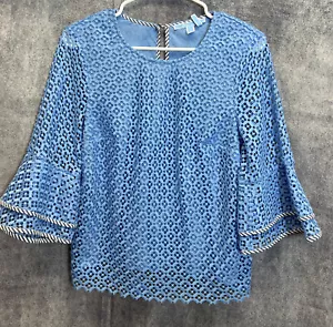 Draper James Size 8 Blue Laser Cut Lined Blouse Double Bell Sleeve Keyhole Back - Picture 1 of 12