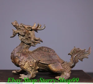 8"Old Chinese Dynasty Bronze Gilt Feng Shui Dragon Turtle tortoise Animal Statue - Picture 1 of 9