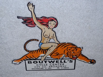 VINTAGE WOMAN 👩ON TIGER 9" PORCELAIN METAL MOTORCYCLE CENTER HARLEY INDIAN SIGN - Image 1 of 4