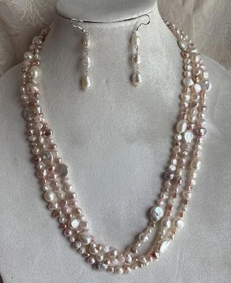 80” Freshwater Coin Pearl Necklace SilverTone Clasp Signed & Bonus Earrings Euc - Image 1 of 4