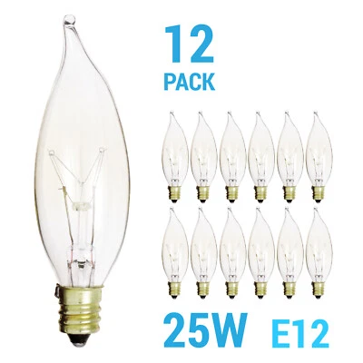 12 Pack 25CFC Chandelier Bulbs 25W Watt 120V CA8 Flame Tip Candelabra E12 Clear - Image 1 of 4