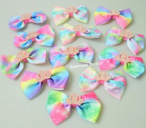 12 Hair Bow Clips Galaxy Princess Party Crown Pink Ribbon Rainbow Girls Favors  - Picture 1 of 8