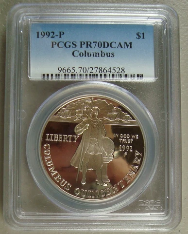 1992-P Proof Columbus Commemorative Silver Dollar PCGS PR70DCAM Cover