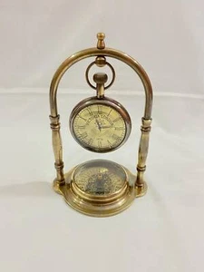 Vintage Brass Table Clock /w Compass Desk Decor Birthday Wedding Christmas Gift - Picture 1 of 6