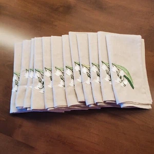 SET of 12 Floral Hand EMBROIDERED 16" Cotton Napkins Lily Of The Valley (New) - Picture 1 of 10