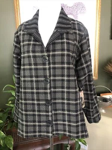 Habitat Blk/Gray Plaid Woven Asymmetrical Hem A-Line Textured Tunic Shirt M NWT - Picture 1 of 13