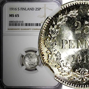 Finland Nicholas II Silver 1916 S 25 Pennia NGC MS65 GEM BU KM #6.2 (010) - Picture 1 of 5
