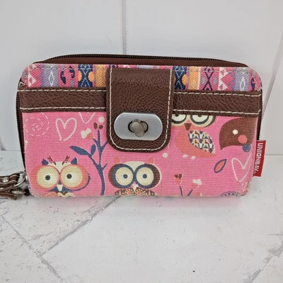 UNIONBAY Owls Canvas Fabric Pink & Brown Wristlet Wallet - Image 1 of 4