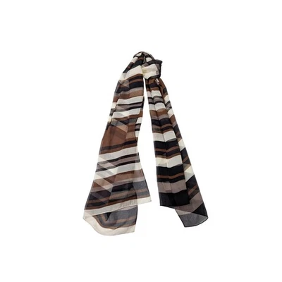 Bufanda vintage de seda negra marrón crema a rayas transparente rectangular Foto 1 de 4