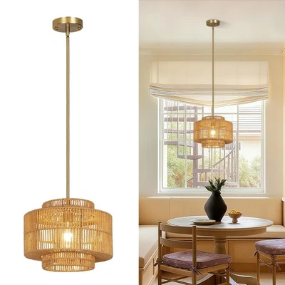 Lámpara Colgante de Ratán Boho de 13", Lámpara Colgante de Mimbre Tejida a Mano con Go... Foto 1 de 4