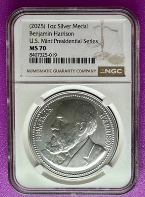(2025) Benjamin Harrison Presidential Series 1oz Silver Medal NGC MS70 (019) - Image 1 of 2