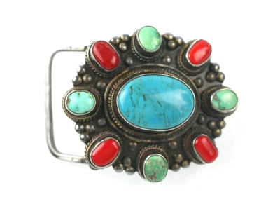 Fivela de cinto vintage nativa americana prata esterlina azul turquesa e coral vermelho - Imagem 1 de 4