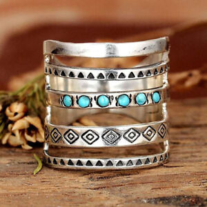 Handmade Silver Women Ring Turquoise Rings Carved Boho Jewelry Gift Size 6-10