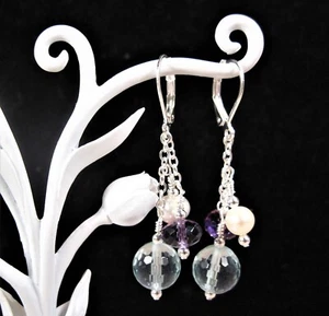 Fancy 925 Sterling Silver Amethyst, Blue Topaz & Pearl Lever back Earrings F51 - Picture 1 of 1