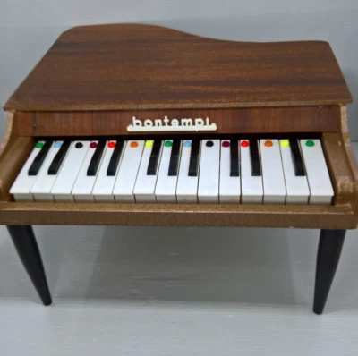 Vintage 80s Ancien PETIT PIANO Bois BONTEMPI style FORMICA & Martelé avec Boite - Photo 1/4