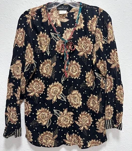 Vintage Carole Little Petite Long Sleeve Blouse Earth-Toned German Fabric 8 - Picture 1 of 6