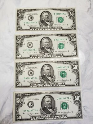 1977 $50.00 Fifty Dollar 4 Consecutive/Sequential Federal Reserve Notes CRISP UN - Image 1 of 4