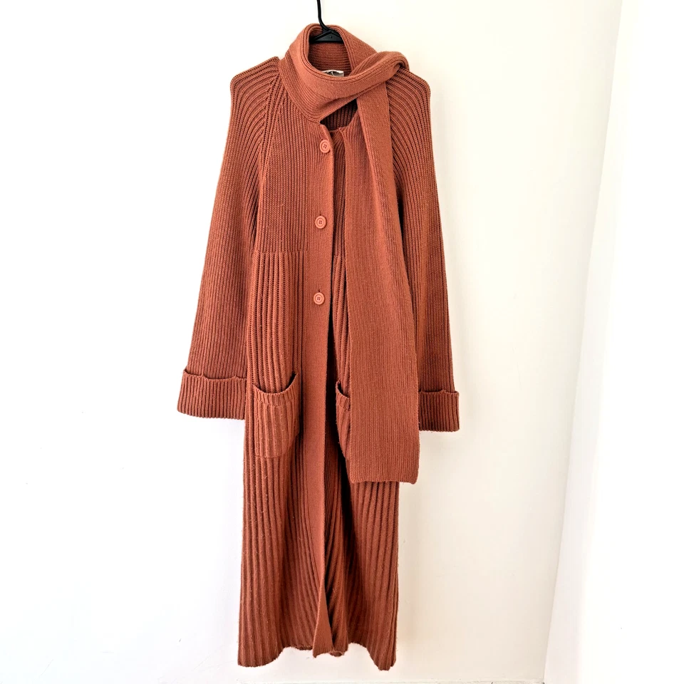 Maxi Cárdigan Abrigo Bufanda Cuello Boho Lagenlook Tejido Acanalado Óxido Años 70 De Colección M/L Foto 1 de 4