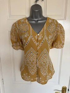 Womens yellow v neck cotton button front broderie anglaise boho top blouse 16-18 - Picture 1 of 12