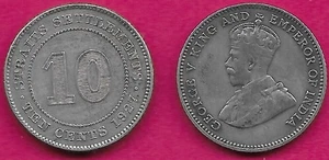 STRAITS SETTLEMENTS,BRITISH CROWN COLONY 10 CENTS 1927 VF-XF SILVER,GEORGE V CRO - Picture 1 of 1