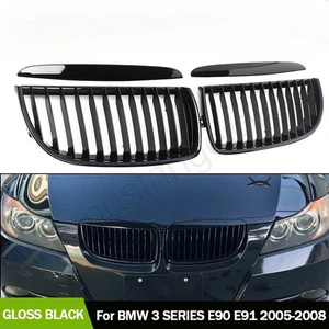 For BMW 3 Series E90 E91 Front Kidney Grille 2005-2008 Gloss Black Dual Slat - Picture 1 of 7