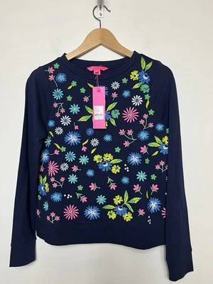 Sudadera Lilly Pulitzer XS Floral Bordada Azul Marino Rosa Multi Manga Larga Foto 1 de 4