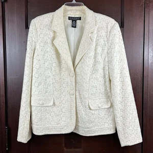 Dialogue Ivory Crochet Floral Blazer Women's Large Lined Jacket Office Vacation - Picture 1 of 19