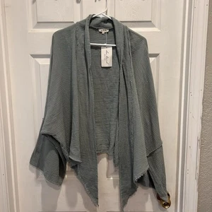 La Miel Green Gauze Frayed Hem Long Sleeve Open Front Shirt Blouse Women Large - Picture 1 of 6