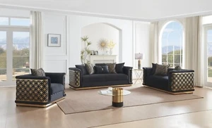 NEW Luxury Black Gold 3PC Sofa Velvet Contemporary Two-Tone Glam Living Room Set - Picture 1 of 6