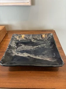 Signed Studio Pottery Blue Footed Platter Tray 11 x 11.5 inches - Picture 1 of 5