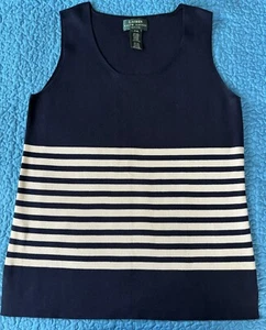 Lauren Ralph Lauren Silk Blend Knit Sweater Tank Navy Blue Stripes Petite M - Picture 1 of 8