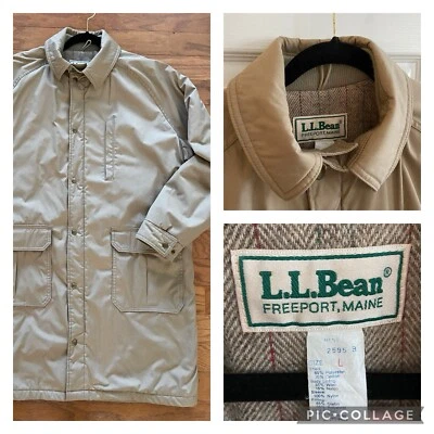 L.L.Bean Coat Mens Large Tan Nylon Parka Wool Lined Snap Front Herringbone Liner - Image 1 of 4