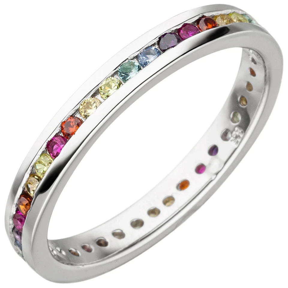 Anello In Memoria In Argento 925 Rodio Con Zirkonia Colorate Multicolore Intorno - Immagine 1 di 1