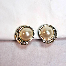 Vintage JJG Earrings Mabe Pearl Style Gold Tone Metal Rhinestone Accents