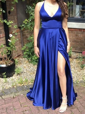 Rich Blue Satin Prom Dress , Adjustable Back , Small Train - Image 1 of 4