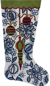 Needlepoint Handpainted Christmas Stocking Alice Peterson Blue White Floral 20" - Picture 1 of 4