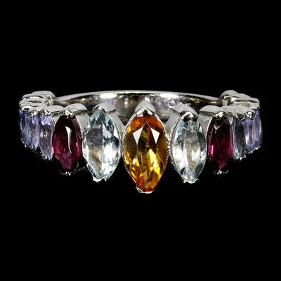 925 Sterling Silver Ring Marquise Citrine Aquamarine Tanzanite Gemstone Size 7.5 - Image 1 of 4