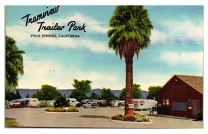 PALM SPRINGS, CALIFORNIA - TRAMVIEW TRAILER PARK - VINTAGE LINEN POSTCARD - Picture 1 of 2