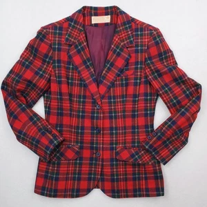 Vintage Pendleton Jacket Womens 12 Red Tartan Plaid Wool Blazer Made USA 70s - Picture 1 of 12
