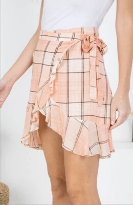 Nuevo Sexy Falda ENVOLVENTE CON VOLANTES A CUADROS MELOCOTÓN AJUSTADA Pajarita Lateral NEGRA Blanca Naranja L Foto 1 de 4