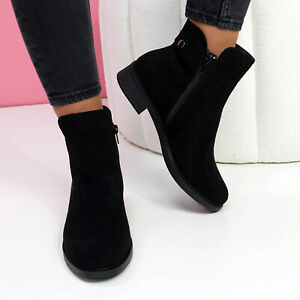LADIES BLACK SUEDE ANKLE BOOTS SIDE ZIP WALKING STYLISH BOOTS WOMEN SHOES SIZE