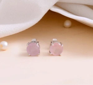 Natural Rose Quartz Faceted Round Gemstone 925 Sterling Silver Stud Earrings - Picture 1 of 3