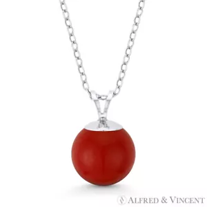 Red Sea Coral Ball Bead Solitaire 14k White Gold Pendant & Cable Chain Necklace - Picture 1 of 1